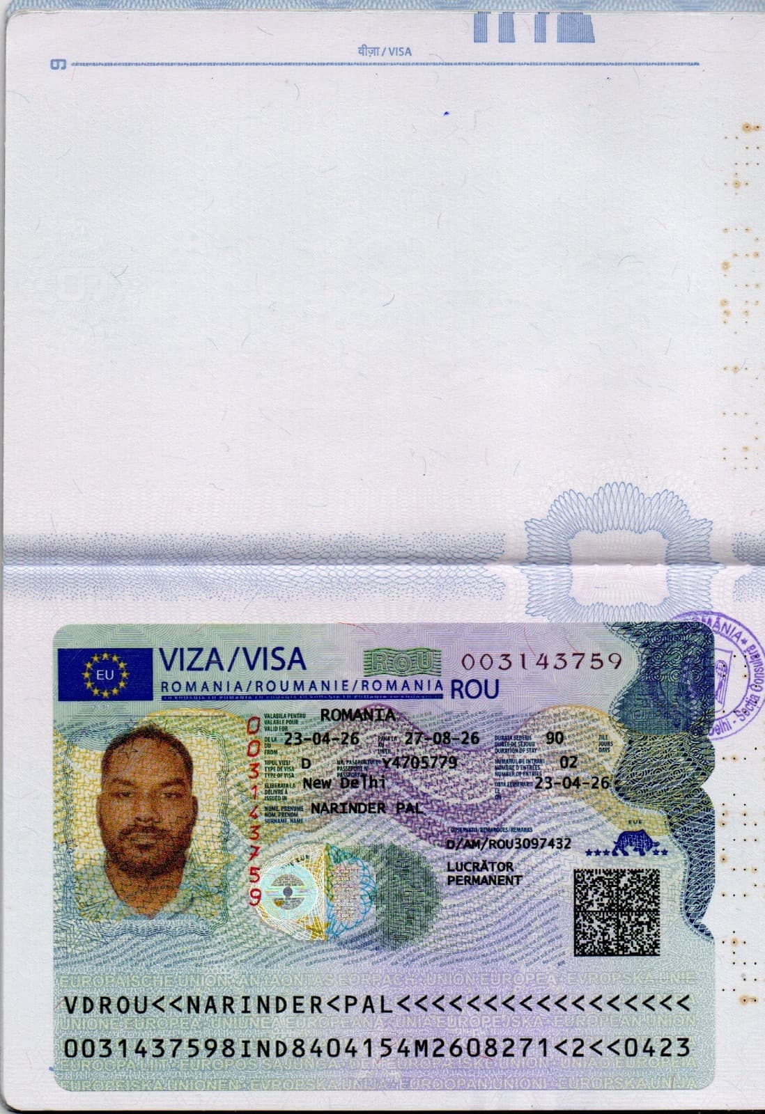 Work Visa for Narinder P. to Romania